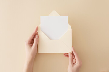 First person top view photo of female hands holding open envelope with white card on beige background with blank space.