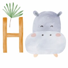 Letter H. Hippopotamus. Hippo Safari watercolor alphabet letter. African ABC Jungle exotical animals nursery letter. Hand painted illustration isolated on white background. 