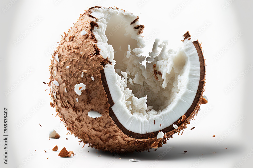 Poster isolated chunk of coconut. slice of coconut on a white background. shattered bits of white coco with