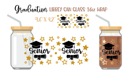 Printable Full wrap for libby class can. Senior pattern with graduate hat, scroll and stars.