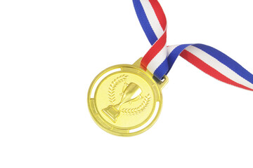 Golden medal with champion cup and blue, red, white colors ribbon isolated on white background with copy space for text. 
