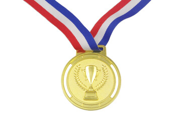 Gold medal with trophy cup and blue, red, white colors ribbon isolated on white background. 