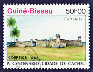 Cancelled postage stamp printed by Guinea Bissau, that shows Fort, City Cacheu, 400th Anniversary,...