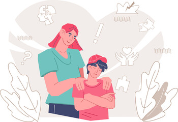 Family advisor and psychotherapy on problems of education and upbringing of children. Child psychology banner with mother comforting upset boy.