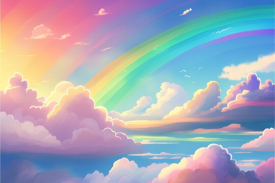 Rainbow Pastel Watercolor Sky Clouds Background