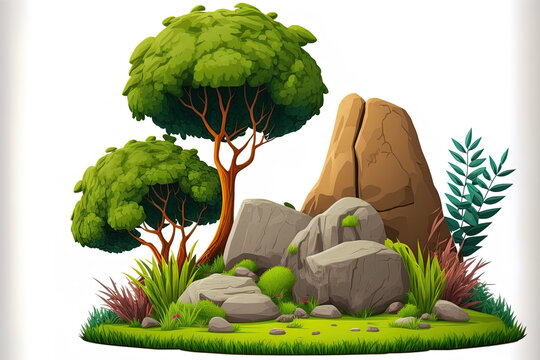 cartoon trees and rocks on green grass clip art preview