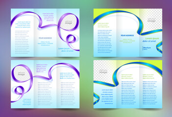 Set Brochure design template ribbon element band wave color violet and green  lines blue background, block for images