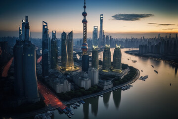 Conceptual Ai Generated Image (not actual) - China's skyline of downtown Shanghai at dusk. Generative AI