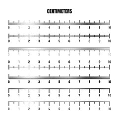 Realistic black centimeter scale for measuring length or height. Various measurement scales with divisions. Ruler, tape measure marks, size indicators. Vector illustration