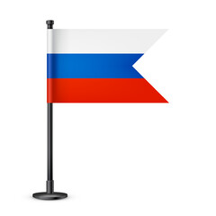 Realistic Russian table flag on a black steel pole. Souvenir from Russia. Desk flag made of paper or fabric and shiny metal stand. Mockup for promotion and advertising. Vector illustration