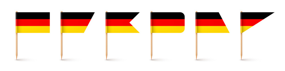 Realistic various German toothpick flags. Souvenir from Germany. Wooden toothpicks with paper flag. Location mark, map pointer. Blank mockup for advertising and promotions. Vector illustration