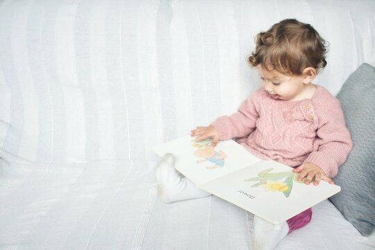 A cute little white Caucasian girl sat on a sofa reading a children's picture book