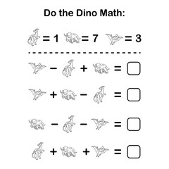 Obraz premium Math puzzle for kids. Mathematics educational game for children. Learning counting dinosaur worksheet for kids.