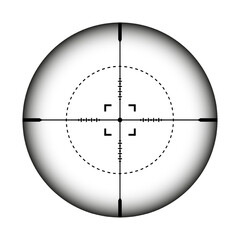 Weapon sight, sniper rifle optical scope. Hunting gun viewfinder with crosshair. Aim, shooting mark symbol. Military target sign, silhouette. Game interface UI element. Vector illustration