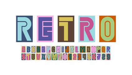 Retro font alphabet from thick colored segment line, abstract style letters and numbers, vector illustration 10EPS