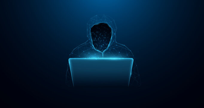 Low polygon wireframe Hacker behind a laptop monitor. Cyber crime. Vector illustration
