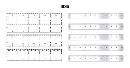 Realistic metal rulers with black inch scale for measuring length or height. Various measurement scales with divisions. Ruler, tape measure marks, size indicators. Vector illustration