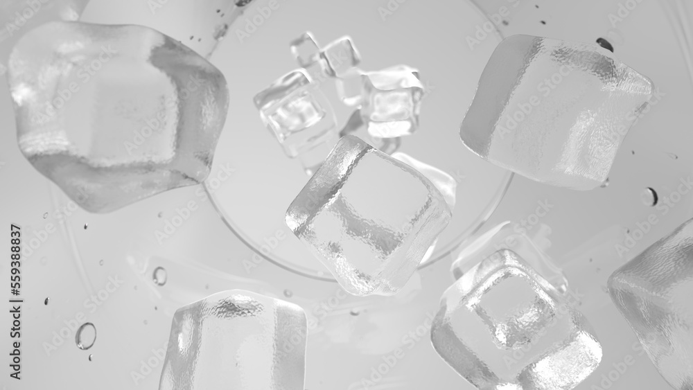 Poster 3d rendering ice float on the glass and white background.close up camera view from bottom of glass.