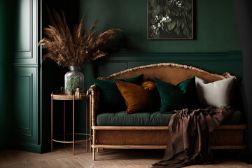 interior of a contemporary dark green house with a brown sofa and pampas in a wicker basket,. Generative AI