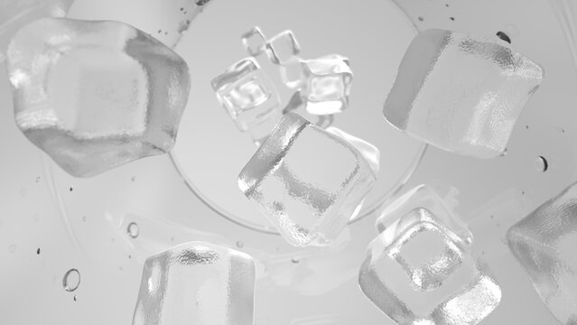 3D rendering ice float on the glass and white background.Close up camera view from bottom of glass.