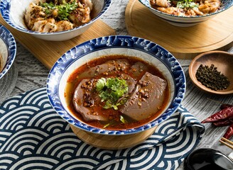 Spicy Duck Blood served in dish isolated on napkin top view on table taiwan food