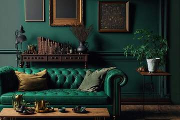 interior of a dark green home with vintage pieces of furniture. Generative AI