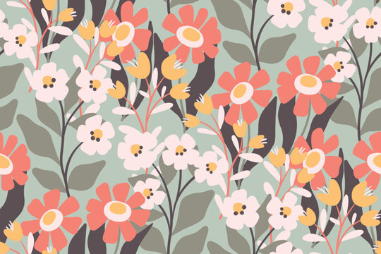 Seamless floral pattern with a simple retro garden style. Cute flower print, pretty botanical design with hand drawn wild plants: decorative flowers, leaves on gray background. Vector illustration.