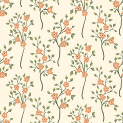 Seamless floral pattern, spring flower print with trees in soft pastel colors. Cute botanical design with hand drawn branches, small flowers, leaves on a light background. Vector illustration.