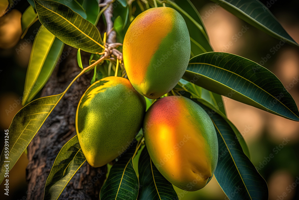 Poster mango cluster with a blurred backdrop of leaves. unripe mango. generative ai