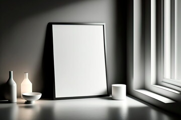 Mockup white frame in interior background, room in black colors. Generative AI
