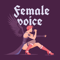 rock, metal, pop or grunge singer with short pink hair in bird wings on stage. Dark background. Concert print and media advertising. Vector flat illustration