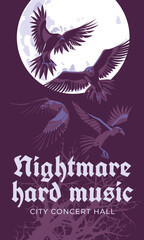The flight of the crow against the background of the full moon. Dark and night. Metal, rock, punk, grunge music poster. Concert print and media advertising. Vector flat illustration
