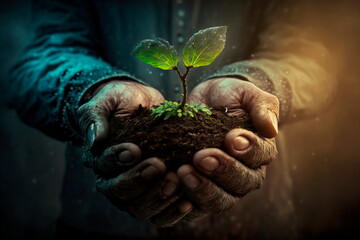 Hands holding and caring a young green plant, Generative AI