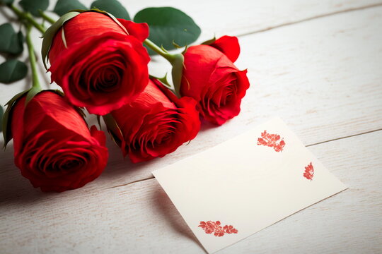 Beautiful rose  paper card with gift card on wooden background . Generative AI
