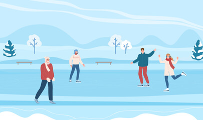 Winter landscape with active people. Winter activities. Flat cartoon characters are skating, man is walking.