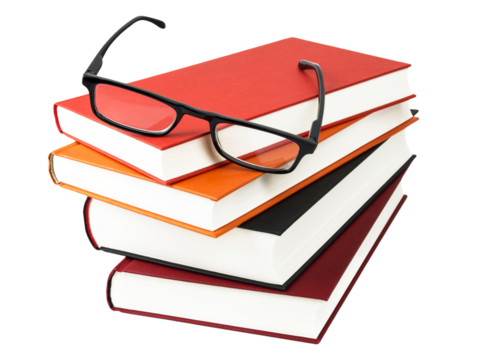 Bücher und Lesebrille   Hintergrund transparent PNG cut out