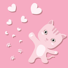 Obraz na płótnie Canvas Vector illustration of lovely cat with footprint and heart on soft pink background