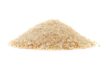 Heap of breadcrumbs isolated on white background. Pile of isolated bread crumbs. Pile of breadcrumbs for nuggets, panko on a white background. Breadcrumbs isolated on white background.