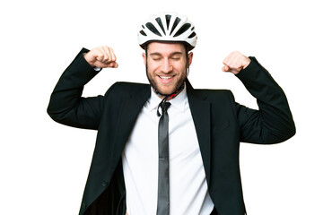 Business person with a bike helmet over isolated chroma key background doing strong gesture