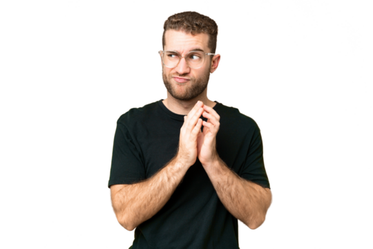 Young handsome blonde man over isolated chroma key background scheming something