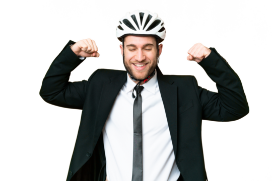 Business person with a bike helmet over isolated chroma key background doing strong gesture