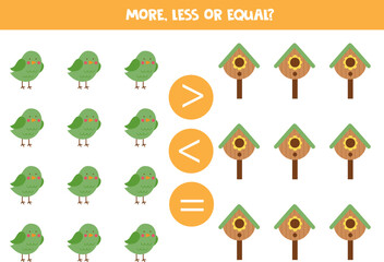 More, less or equal with cute cartoon birds and birdhouses.