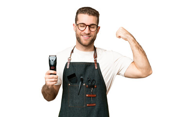 Barber man in an apron over isolated chroma key background doing strong gesture