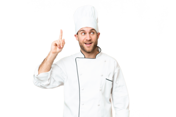 Young blonde man Chef over isolated chroma key background intending to realizes the solution while lifting a finger up