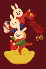 illustration of three rabbits celebrate Chinese new year - year of the rabbit