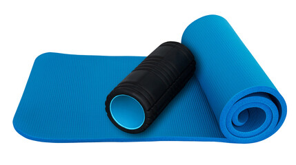 Blaue Fitness Matte und Rolle Hintergrund transparent PNG cut out