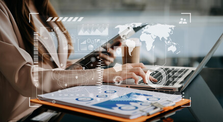 Team colleagues wear formal attire to work together to optimize business processes by using new technologies. high tech hologram in office background.