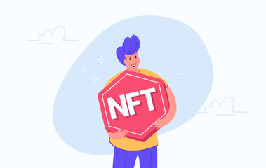 NFT token and digital art as cryptocurrency and payment. Flat vector illustration of young smiling man standing alone and holding a big non-fungible token in his hands. Isolated on white background
