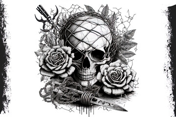 criminal ink. rose in the hands of a knife, a spider, and a skull behind prison. cage, wire, metal chain, and handcuffs. depicted illustration. Generative AI