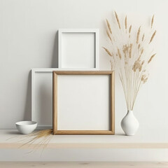 3 Quadratischer Holzrahmen Mockup auf Vintage-Bank, Tisch. Moderne wei&szlig;e Keramikvase mit trockenem Lagurus ovatus Gras, B&uuml;cher und Visitenkarte. Wei&szlig;e Wand Hintergrund. Skandinavisches Interieur.